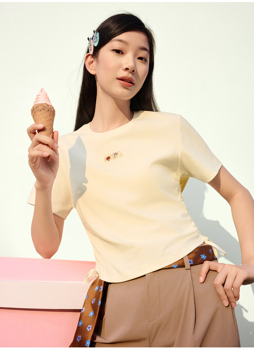 FILA Yang Mi Same Style Knitted Short Sleeve Shirt Women 2026 Summer Side Drawstring Fashion Casual Embroidered Logo Slim T-Shirt 27