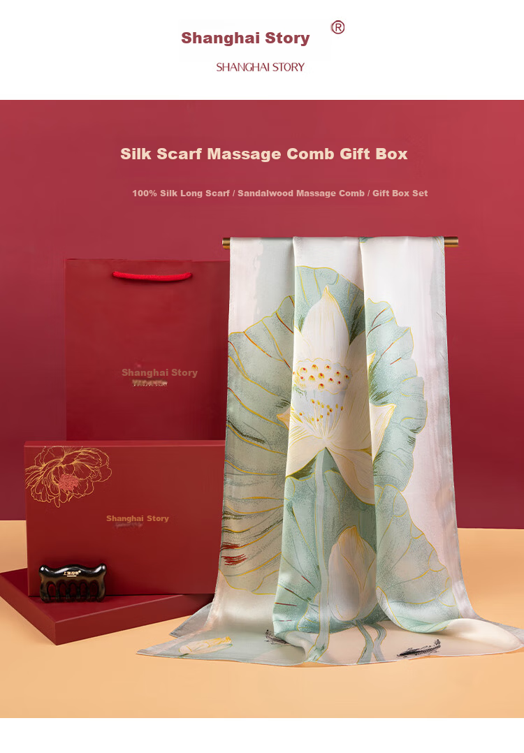 Shanghai Story Silk Scarf for Women with Ebony Wood Massage Comb Gift Box 100% Mulberry Silk Satin Scarf Practical Birthday Gift 1