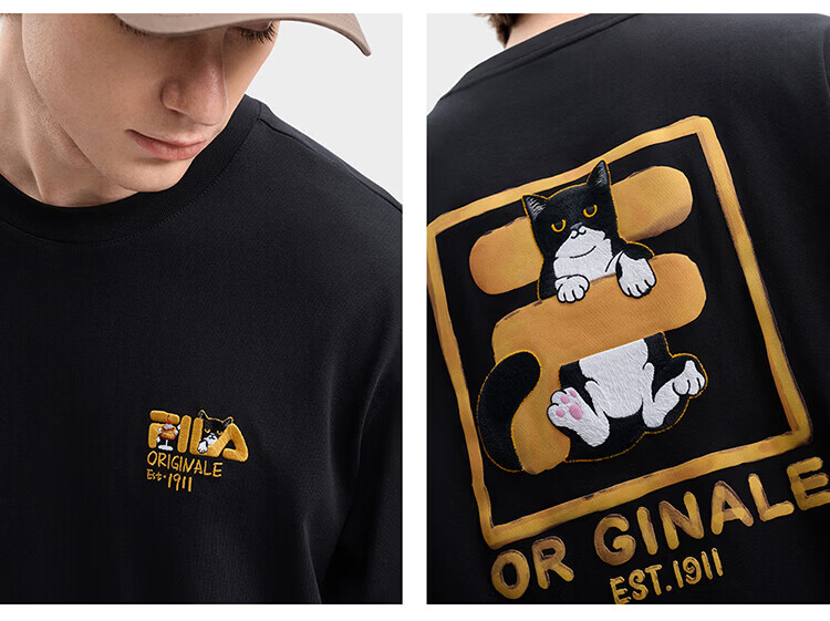 FILA Official Couple's Knitted Short Sleeve Shirt 2026 Summer Fashion Casual Unisex Loose Cat Embroidery T-Shirt 63