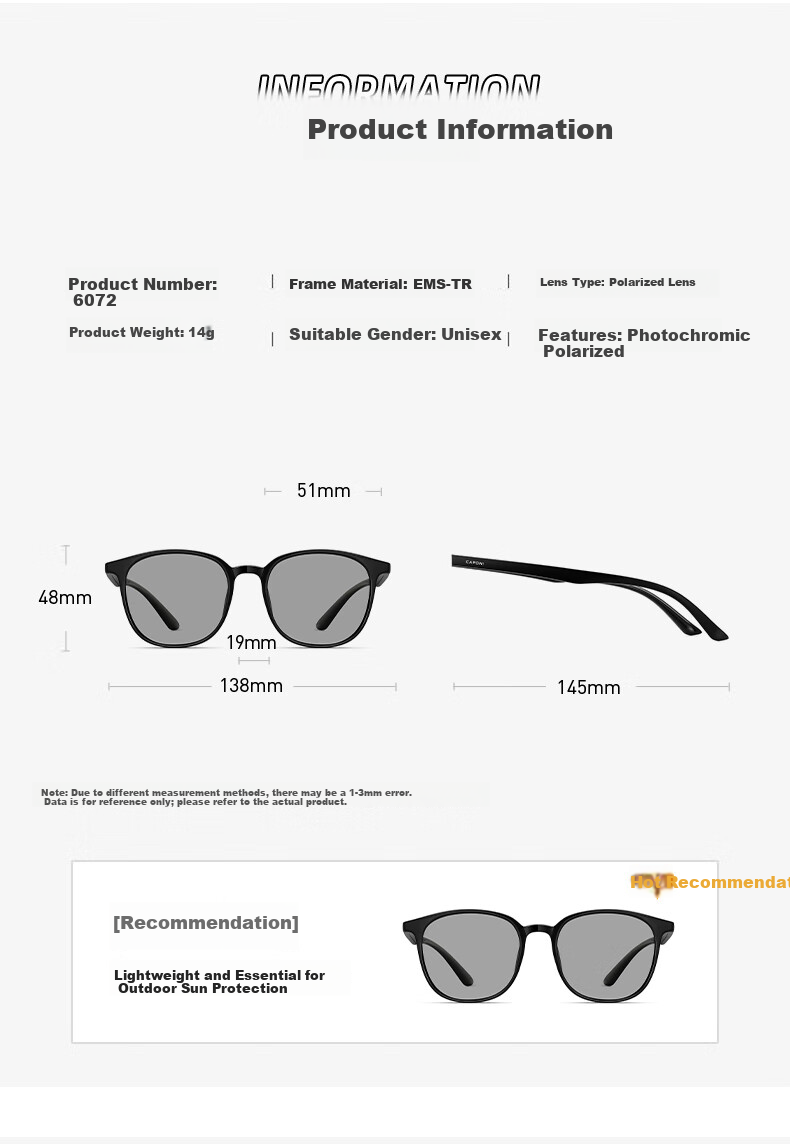 Jiaboli Ultra-Light Photochromic Polarized Sunglasses Driving Glasses Unisex Day and Night Use UV Protection 15