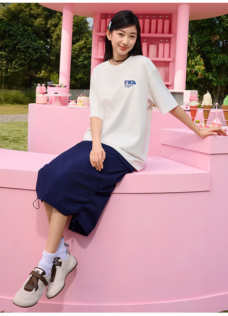 FILA Official Couple's Knitted Short Sleeve Shirt 2026 Summer Fashion Casual Unisex Loose Cat Embroidery T-Shirt 52