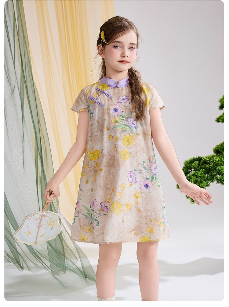ASK JUNIOR Chinese Style New Mid-Modern Children's Dress 2026 Summer Short Sleeve Qipao Dress for Girls 12