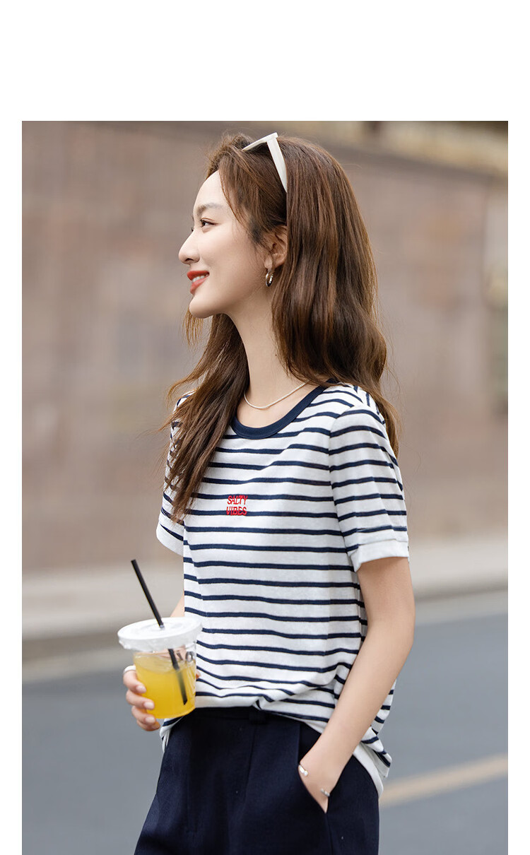 Demana Cloud Cotton Summer Simple Round Neck Striped Letter Embroidered Loose Slimming T-Shirt for Women Premium Feel 11