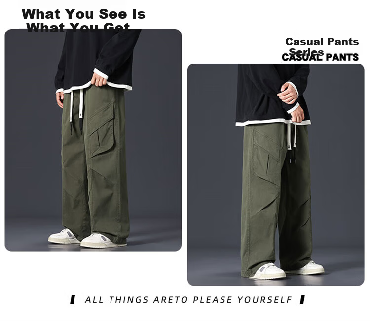 I'M DAVID Men's Khaki American Casual Work Pants Spring Autumn Straight Loose Wide-Leg Long Pants Black XL 11