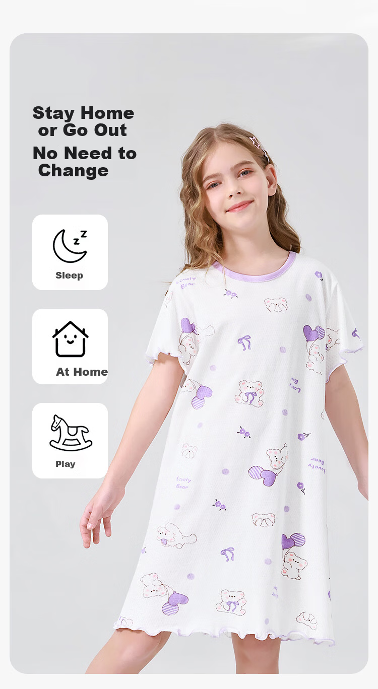 Yiershuang Children's Nightgown Girls Summer Homewear Cotton Cool Air-Conditioned Dress for Older Kids and Teens 4