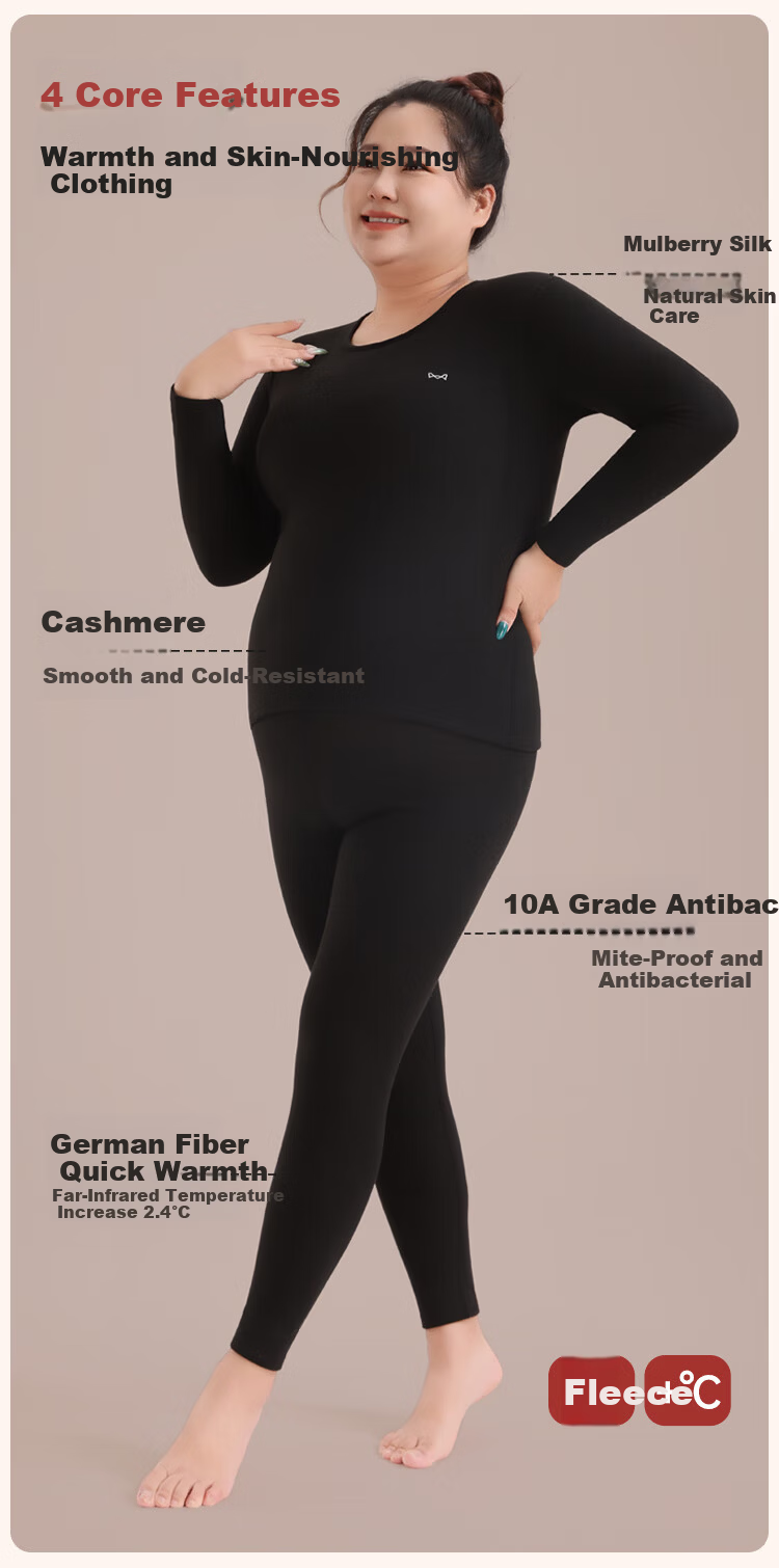 MiiOW [Cashmere Silk] Thermal Underwear Women's Plus Size Autumn Top and Bottom Set Heat Retaining Cold Resistant Base Layer 5XL 5