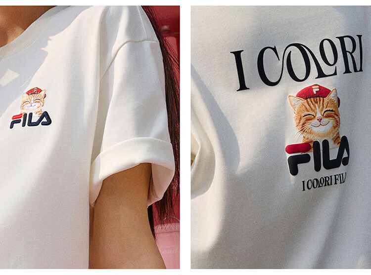 FILA Official 2026 Summer Couple Short Sleeve T-Shirt Casual Loose Fit Cotton Cat Knit Tee 56