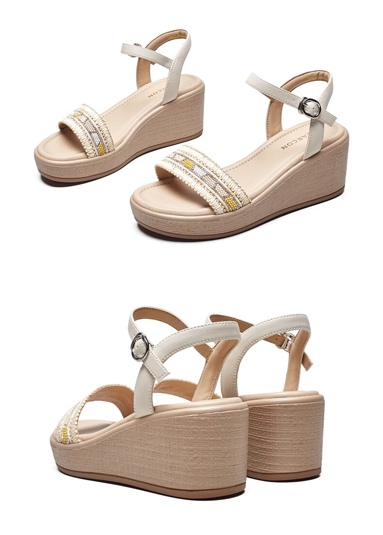 Eierkang Women's Bohemian Style Wedge Sandals Thick Sole Height Increasing Single Strap Sandals 29009W Off-White Size 37 15