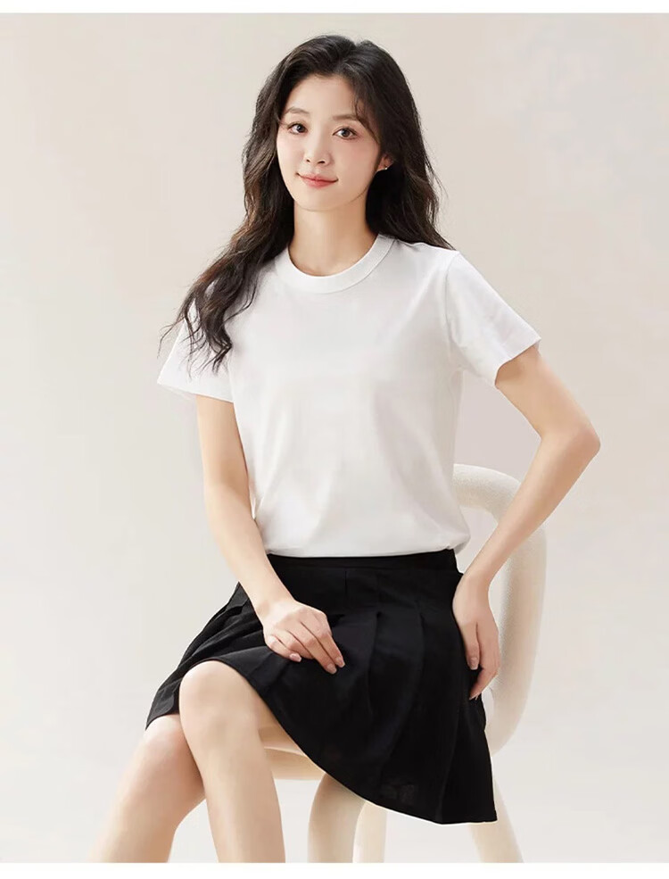 Borui 200g Heavyweight Pure Cotton Crew Neck Basic T-Shirt White Short Sleeve Loose Solid Color Women's Summer Top 15