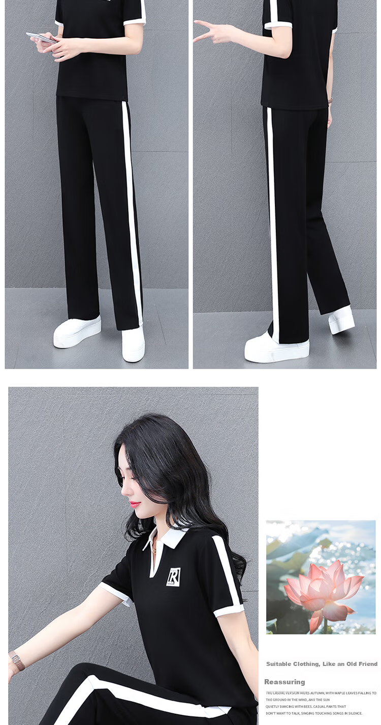 Woodpecker Ice Silk Sports Set for Women Summer Plus Size Fashion Casual Versatile Middle-aged Mom Two-piece Set Black XL 5