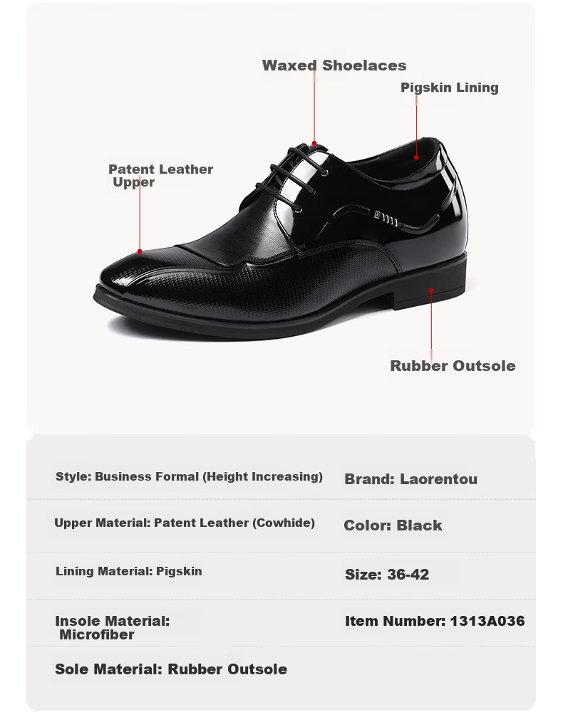 LAORENTOU Men's Business Dress Shoes First Layer Cowhide Non-Slip Small Size Invisible Height Increasing Shoes 1313A036 Black 36 4