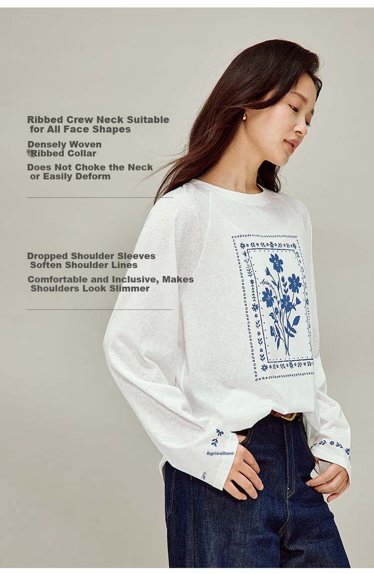 INMAN Linen Blue Printed Simple T-Shirt 26 Spring New Women's Cover-up Off-White XL 7