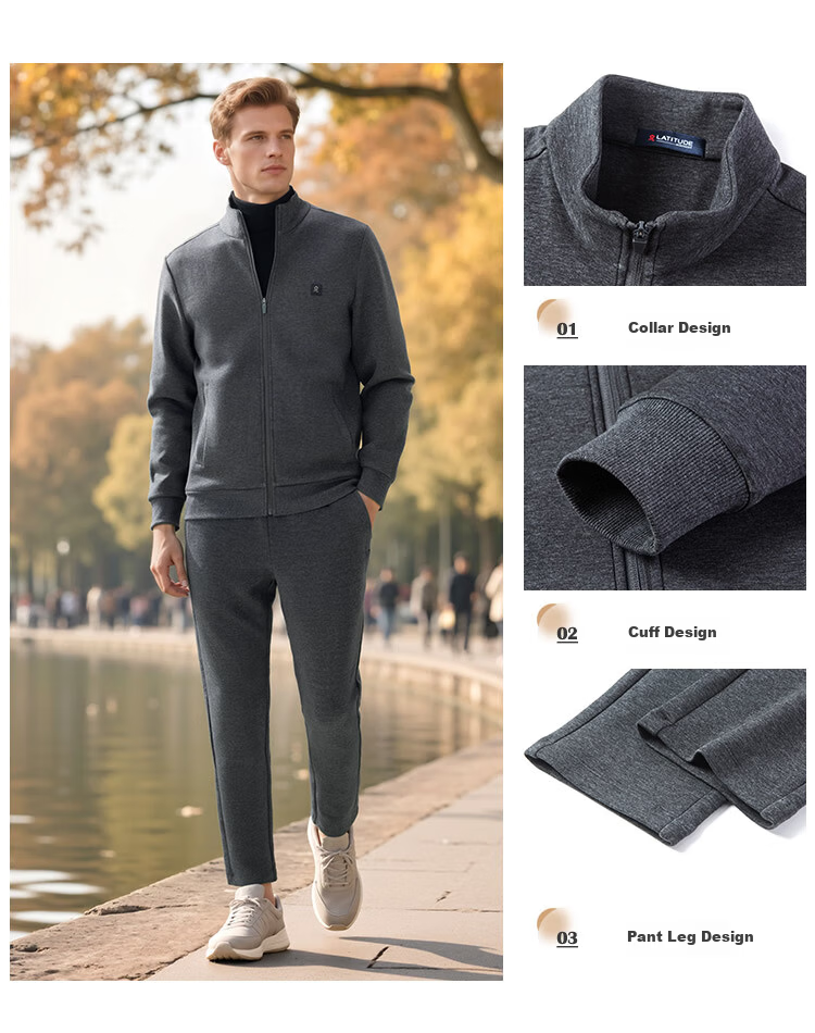 MONTAGUT Men's Spring and Autumn Casual Sports Set Fashion Stand Collar Zip-up Sweatshirt and Sweatpants Two-Piece Set Medium Gray 2XL 3