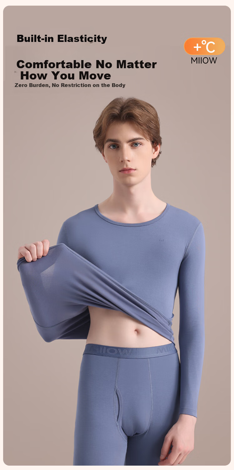 MiiOW 10A Antibacterial Modal Thermal Underwear Set for Men and Couples, Thin Slim Fit Base Layer, Autumn Shirt and Pants, Gray Blue, Size L 8