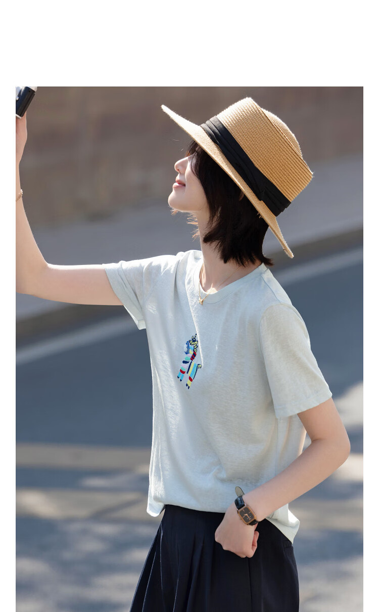 Demana [with Lyocell Cotton] Summer Fresh Sweet Little Horse Embroidery Round Neck Short Sleeve Slim Fit Designer Women's T-Shirt 14