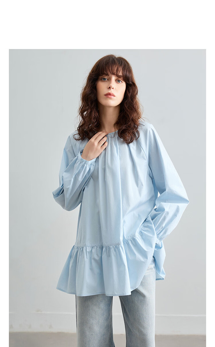 Demana [Pure Cotton Poplin] Spring Elegant Round Neck Mid-Length Doll Shirt Loose Small Size Blouse for Women 17