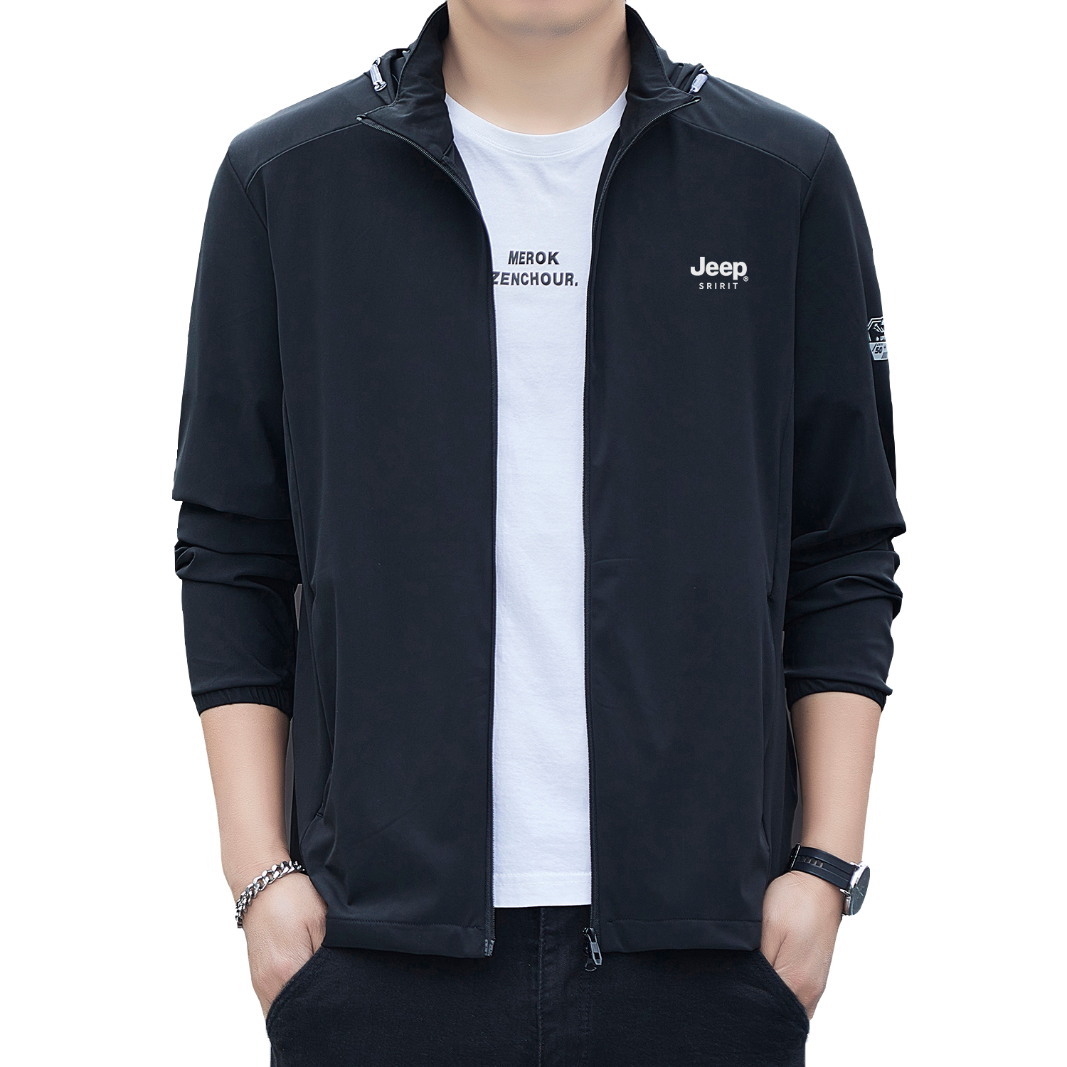 JEEP SPIRIT Men's Summer Sun Protection Jacket Casual Ice Silk Thin Breathable Quick-Dry Coat ZH8188 Black 5XL