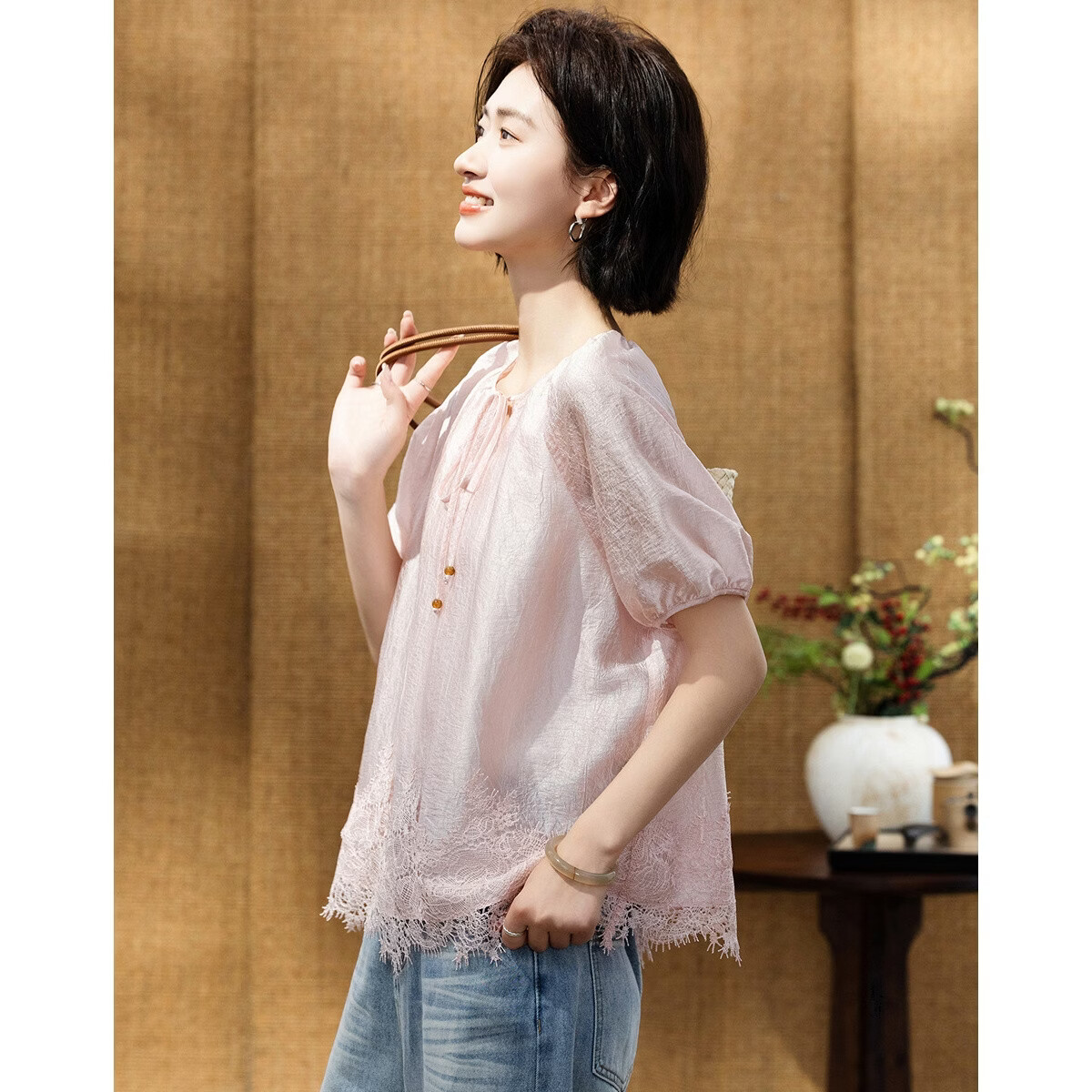 Demana Wrinkled Acetate Summer Elegant Commuter Round Neck Lace Hem Loose Slimming Concealing Shirt for Women Premium Feel