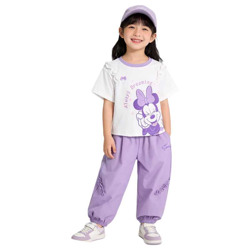 Disney Girls Sweet Cool Short Sleeve and Shorts Set Casual Sports Cartoon Comfortable Skin-friendly Summer New Purple 100