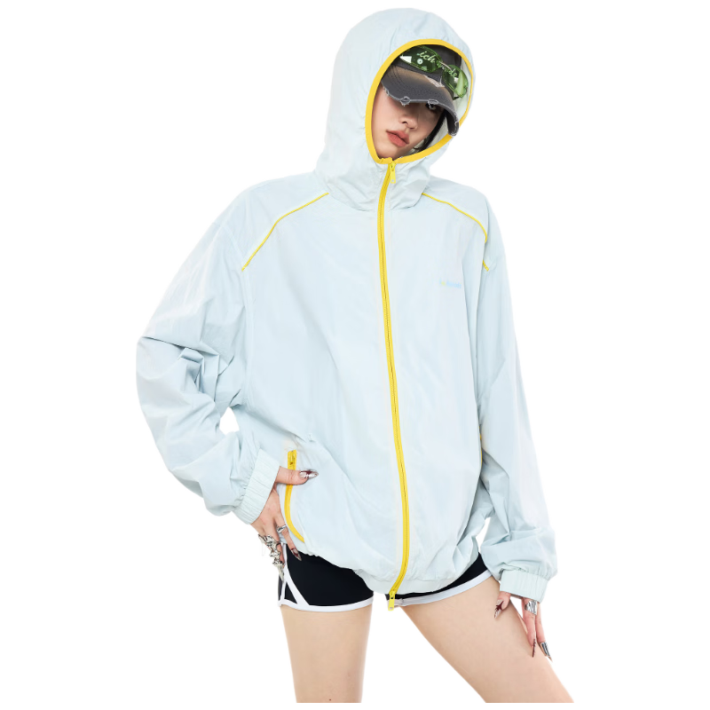 ICH MODE Colorblock Physical Sunscreen Jacket Women Spring Summer New Hooded UV Protection Coat Light Blue M