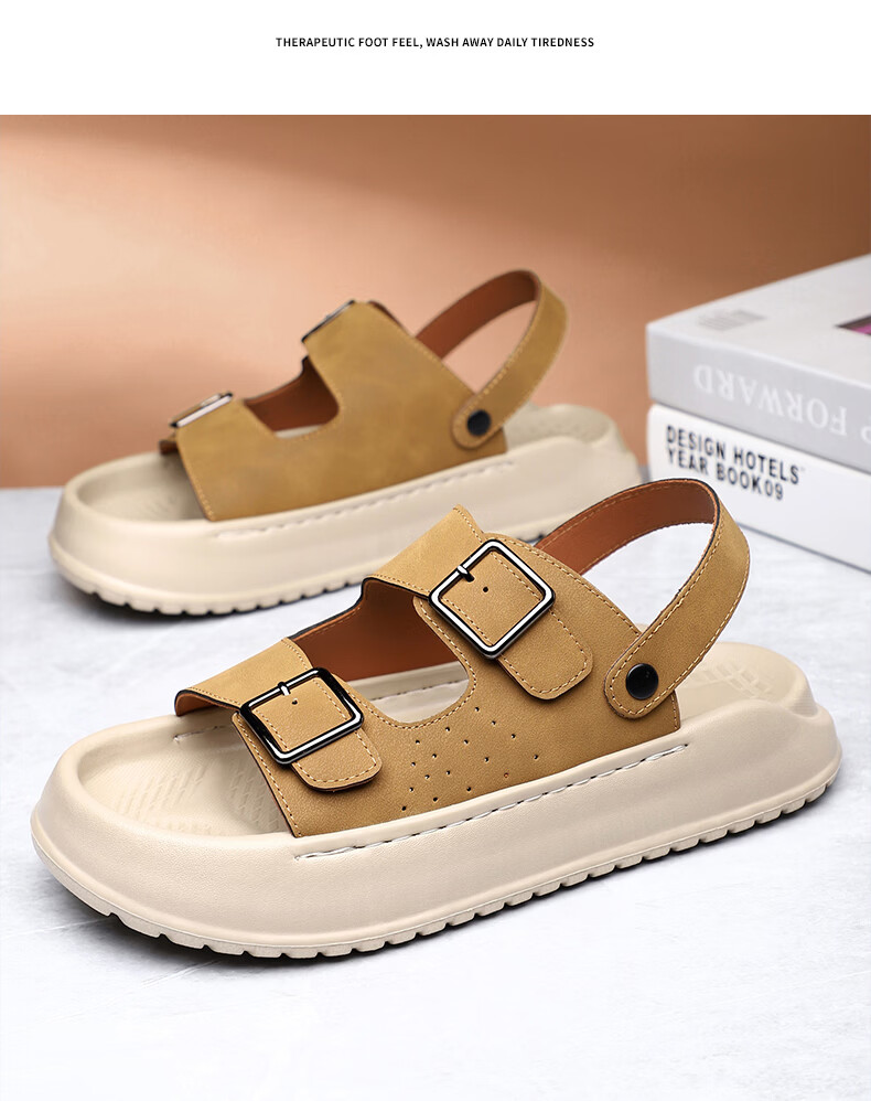 MEXICAN Spring Summer New Men's Leather Sandals Beach Shoes Dual-Wear Slippers Breathable Black Size 39 21