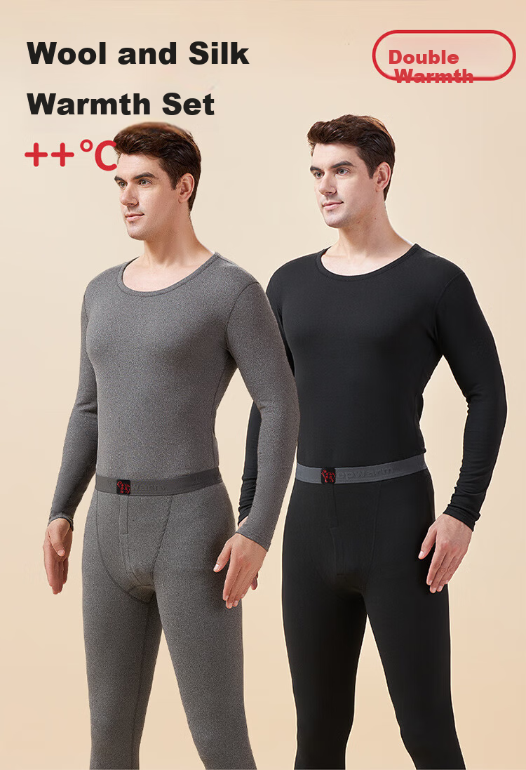 Me Feeling Wool Silk Thermal Underwear Men Winter Antibacterial Mite-Resistant Fleece Lined Quick Warm Slim Fit Plus Size Autumn Shirt and Pants Set 1