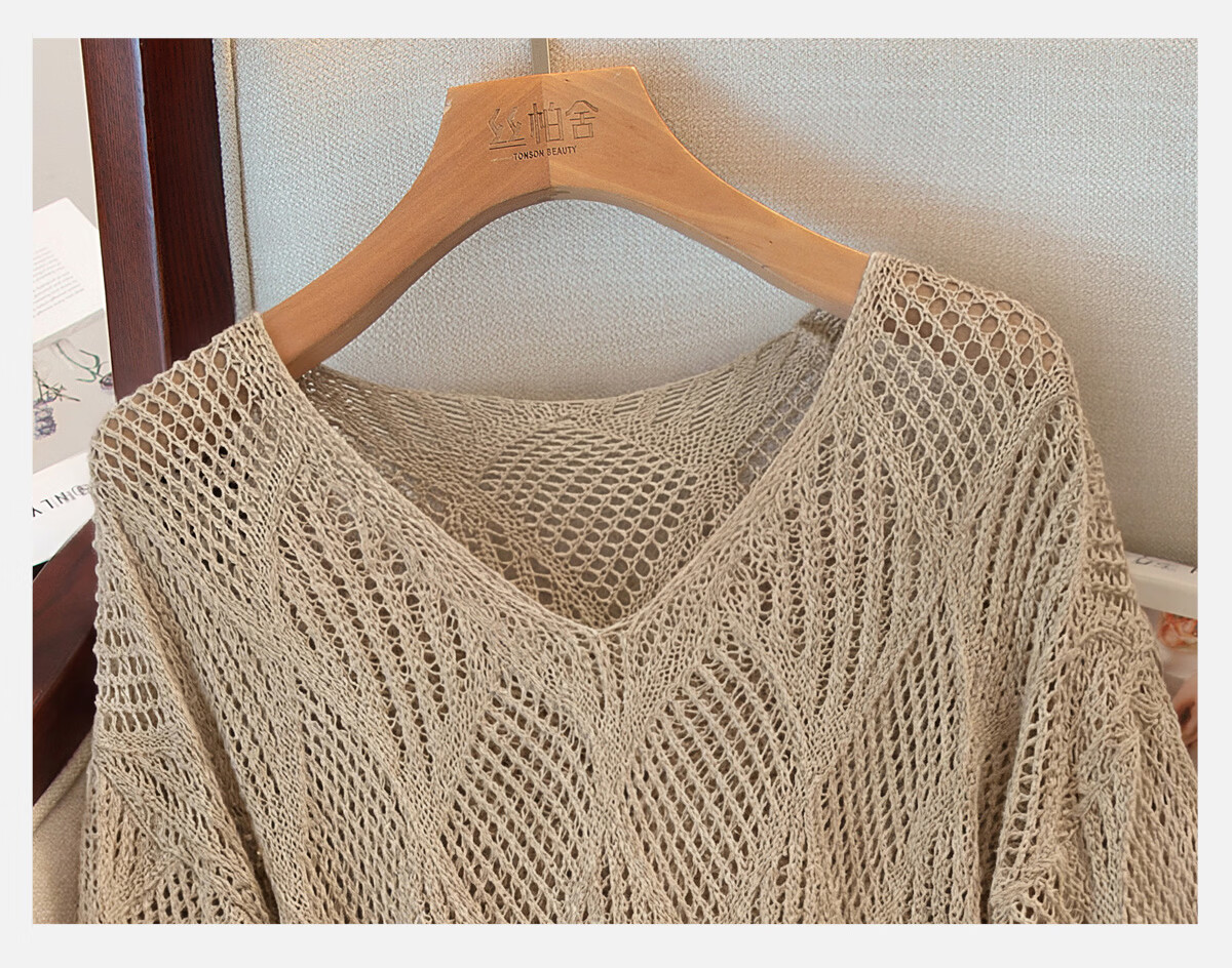 Cypress V-Neck Knit Sweater 2026 Spring New Women's Literary Style Pullover Hollow Out Three-Quarter Sleeve Top 11