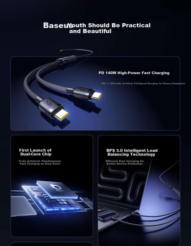 Baseus 2-in-1 Dual Head Type-C PD 140W Fast Charging Cable C to 2C Charging Cable for Apple iPhone 17/16/15 Huawei Tablet iPad Laptop 2