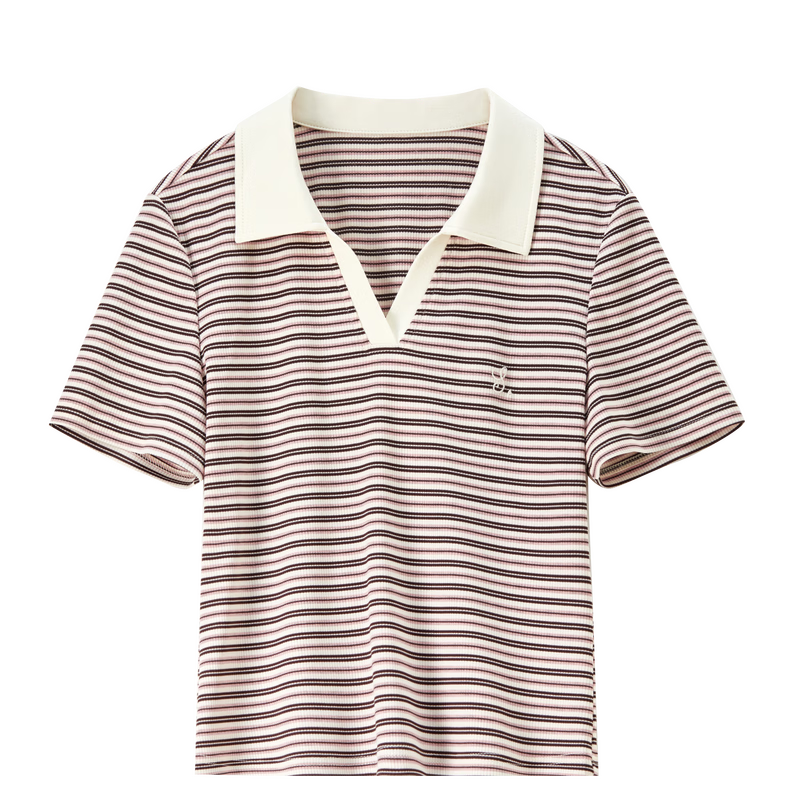 Shangdu Bila Korean Style Simple Cotton Blend T-Shirt Women Summer Polo Collar Color-Block Embroidered Casual Top Stretch Striped Short Sleeve Inner Wear
