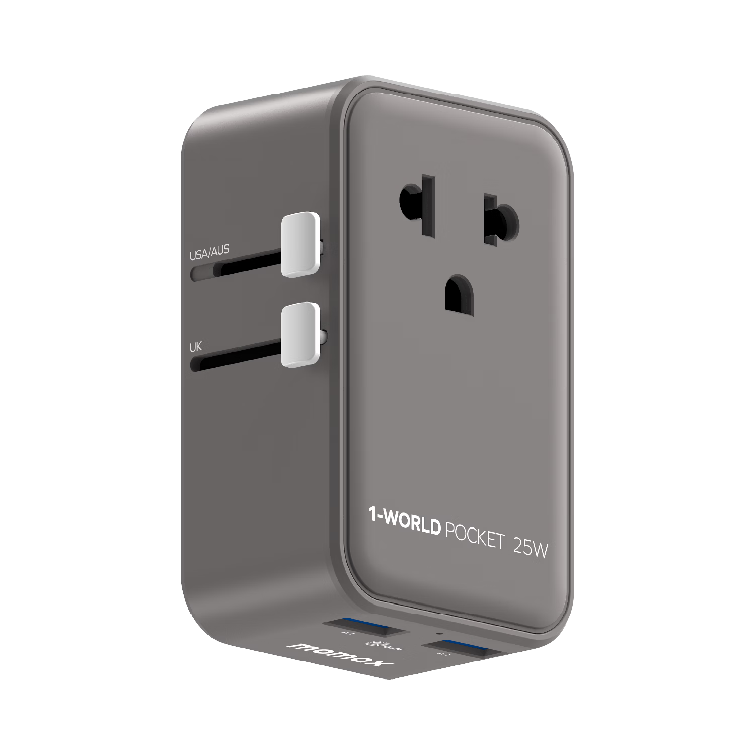 Momax Ultra-Thin 25W Global Universal Travel Adapter Multi-Country Converter Socket for Overseas Study and Travel Hong Kong Macau Japan Korea Europe UK US AU Standard Multi-Functional Socket Gray