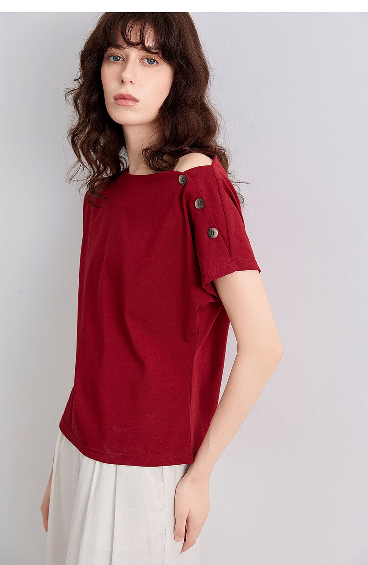 Demana [Cool Sorona] Summer Elegant Off-Shoulder Raglan Sleeve Button Decor Slim Fit Petite Women's T-Shirt 17