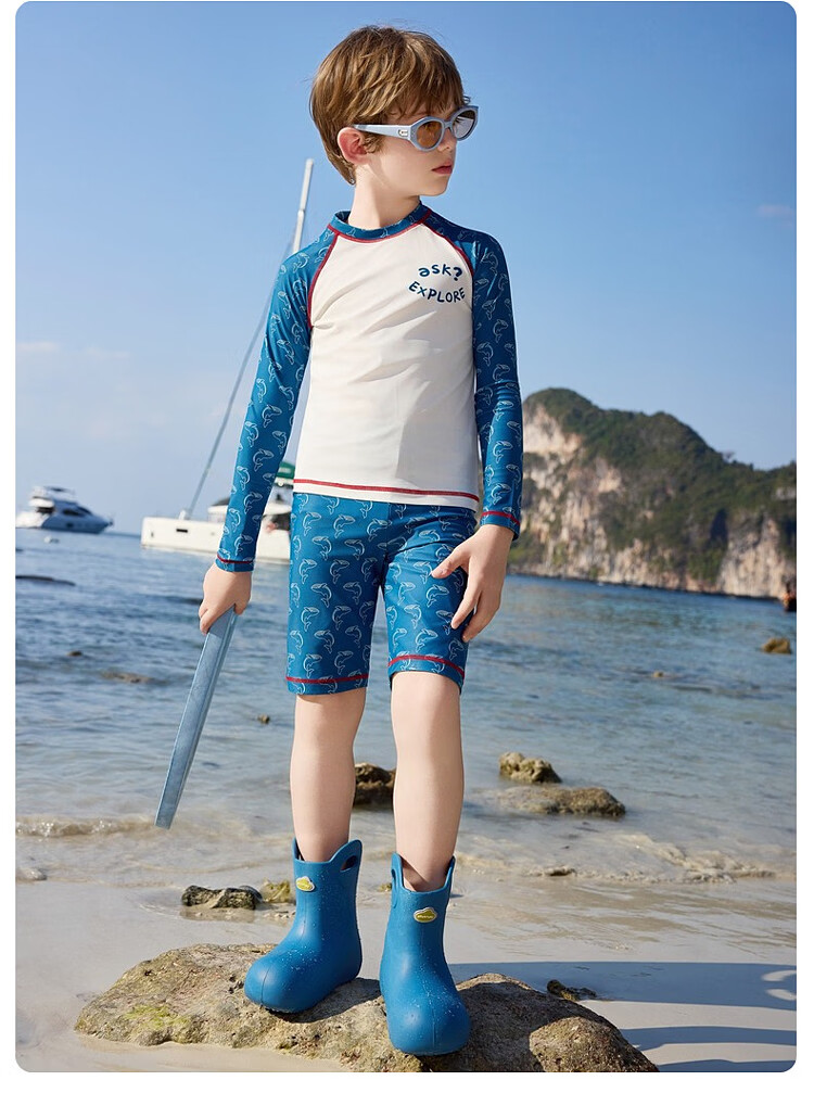 ASK JUNIOR 【Sun Protection & Chlorine Resistant】Quick-Dry Children's Two-Piece Swimsuit with Swim Cap Summer Boys' Professional Training Wear for Older Kids 16