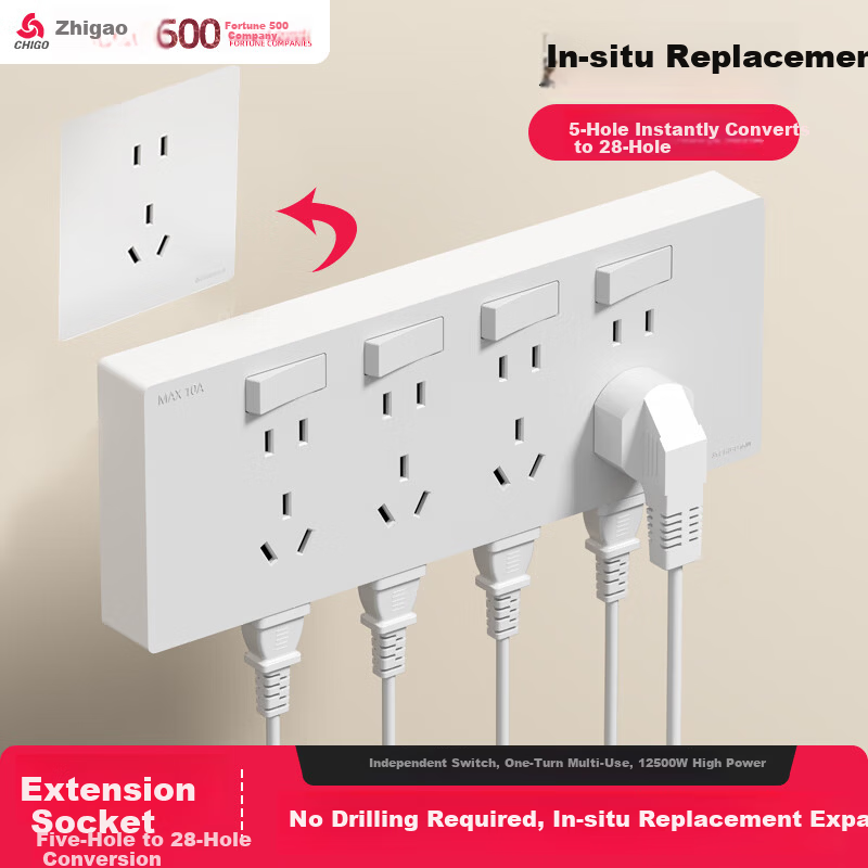 CHIGO Model 86 Expandable Power Strip Kitchen Multi-Port Converter Wireless Socket Extension [White-28 Ports-Left Wiring] Right Expansion + Independent Switch