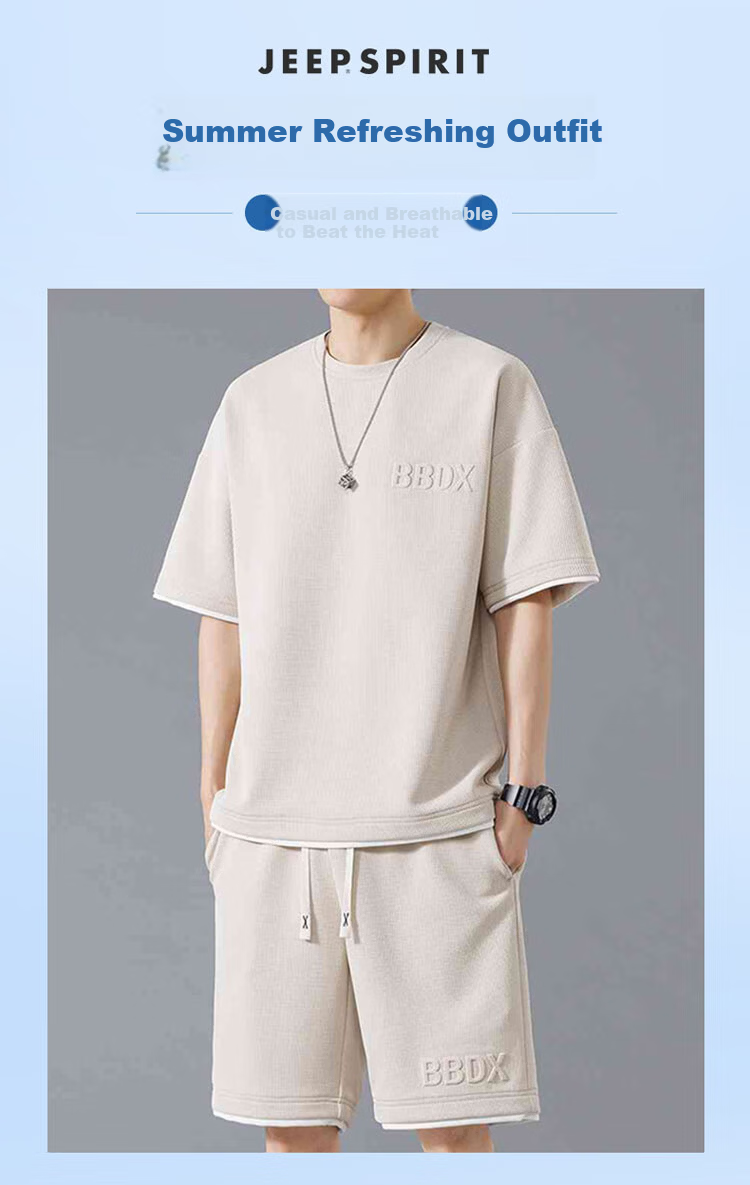 JEEP SPIRIT Men's Summer Waffle Short Sleeve T-Shirt and Shorts Set Casual Sports Two-Piece Suit Off-White L 1