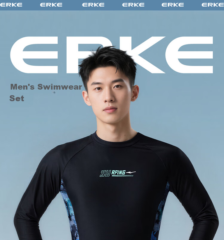 ERKE Men's Swimwear Sunscreen Long Sleeve Youth Two-Piece Plus Size Hot Spring Sports Swimming Suit Adult Set 1