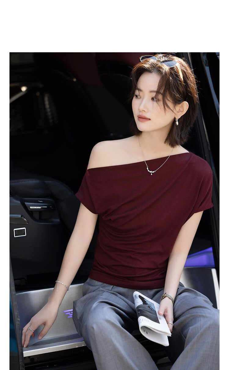 Demana [with Smooth Lyocell] Summer Elegant Commuter Off-Shoulder Pleated Waist-Slimming T-Shirt for Women Premium Feel 13