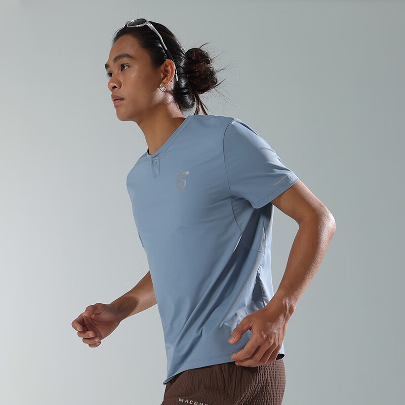 Macondo 26 Spring Summer New Sports Running Henry Shirt Moisture-Wicking Quick-Dry Cooling Short Sleeve T-Shirt Gray Blue Men M
