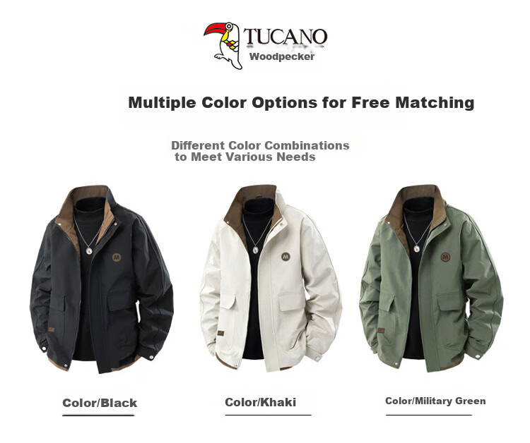 TUCANO Men's Spring Autumn Loose Jacket Stand Collar Casual Retro Workwear Black XL 3