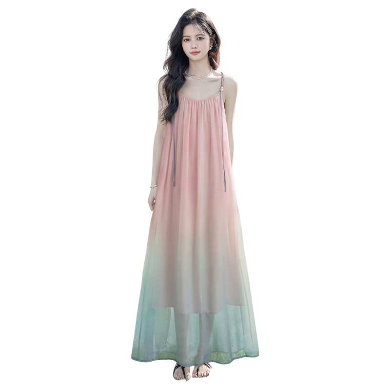 Cypress Gradient Vacation Style Spaghetti Strap Dress for Women 2026 Summer New Fashion Flowing Elegant Long Dress