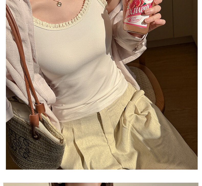 Modal Ribbed Cotton Camisole Tank Top for Women with Wheat Ear Lace Trim Slim Fit Basic Outerwear in Beige 15