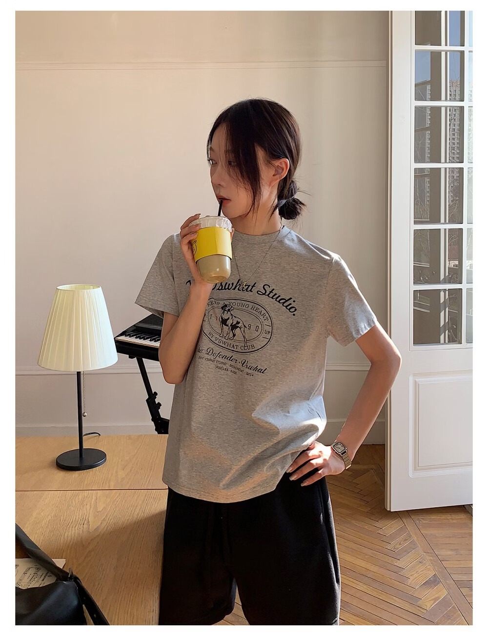 ICH MODE "Puppy Travelogue" Korean Retro College Style Chic Shoulder Short Sleeve T-Shirt Women Casual Top White M 18