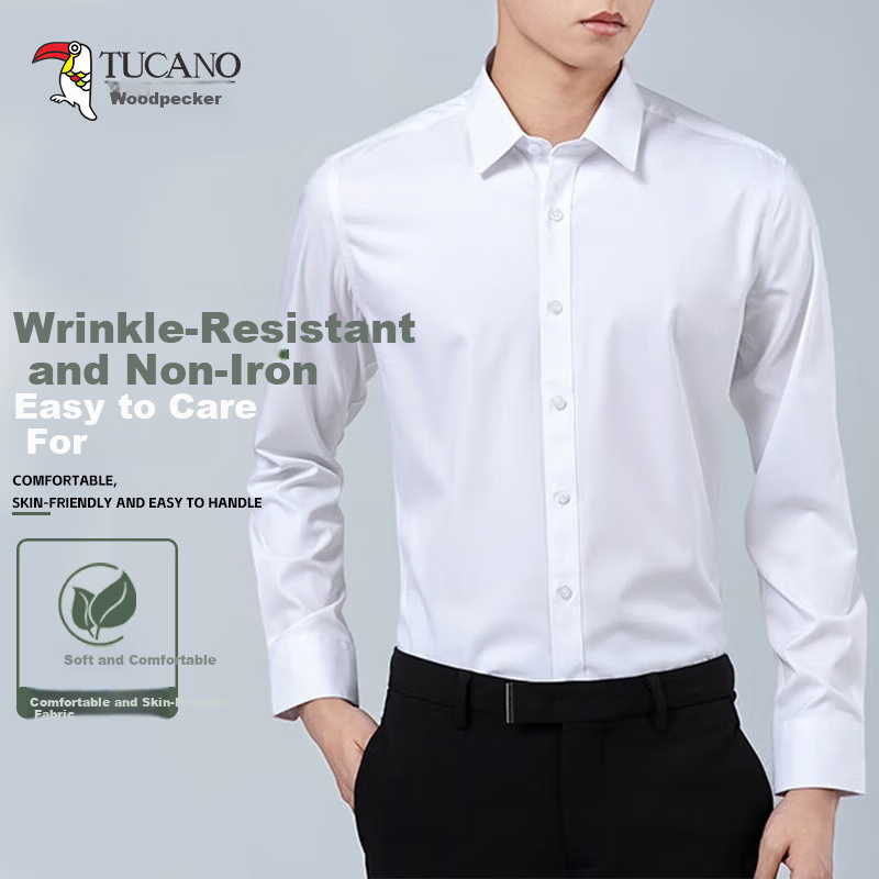 Woodpecker Plain Solid Color Men's Summer Business Wrinkle-Free Dress Shirt Suit Groomsman Long Sleeve White 41
