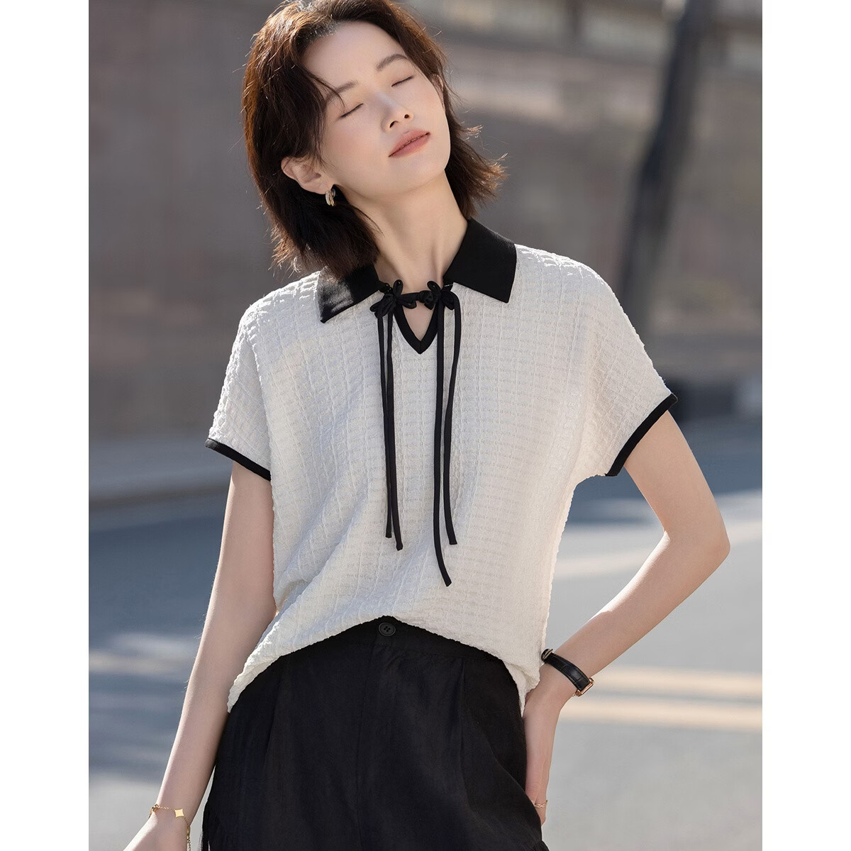 Demana "Cloud Bubble" Summer National Style New Chinese Color-Block Collar Drawstring Raglan Slim Fit T-Shirt for Women Premium Feel