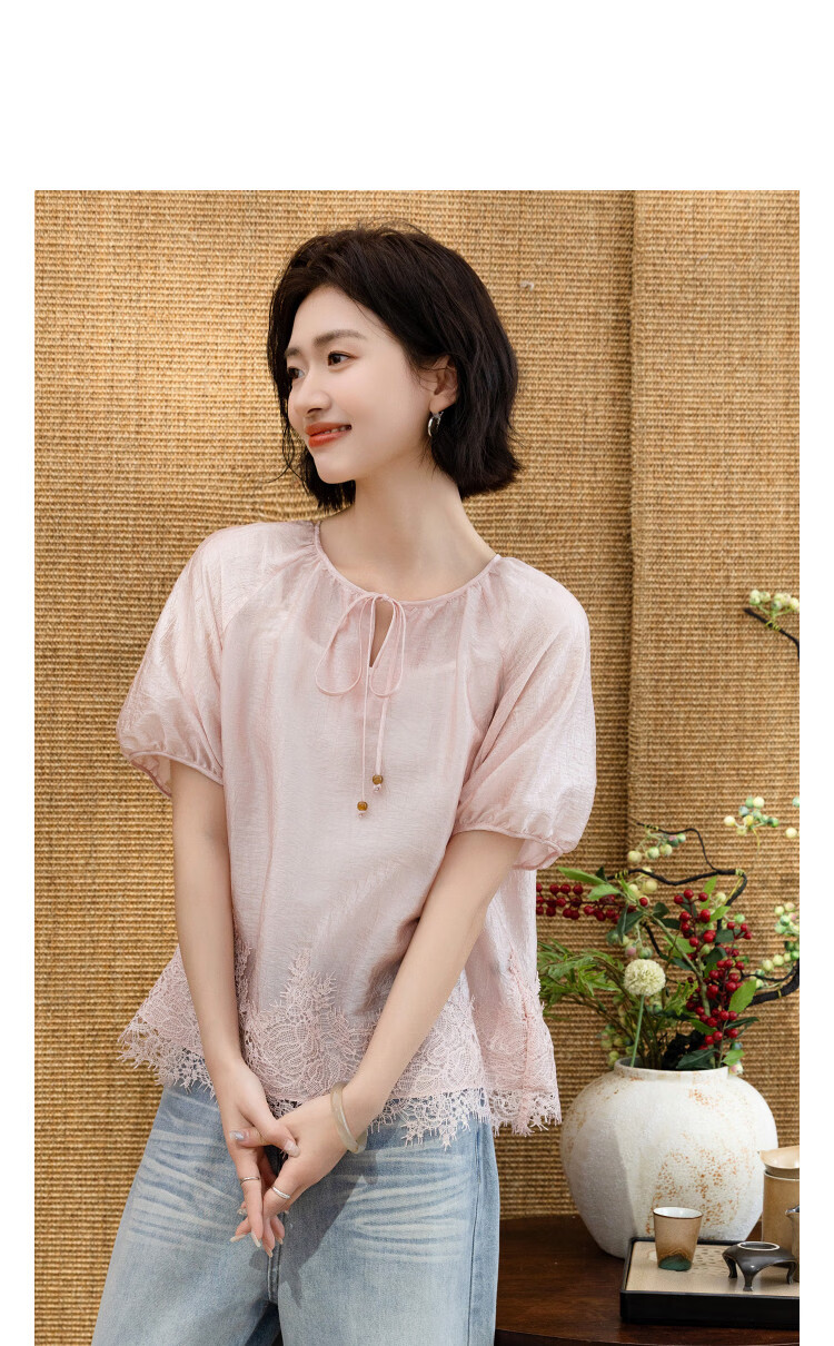Demana Wrinkled Acetate Summer Elegant Commuter Round Neck Lace Hem Loose Slimming Concealing Shirt for Women Premium Feel 13