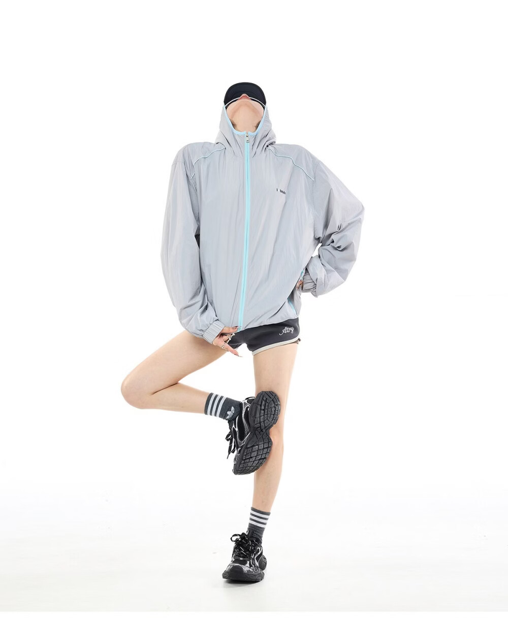 ICH MODE Colorblock Physical Sunscreen Jacket Women Spring Summer New Hooded UV Protection Coat Light Blue M 17