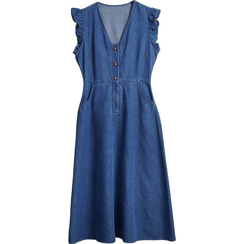 Olrain Eurielle Summer New French Vintage Denim Waist-Slimming Versatile Casual Dress Denim Blue M