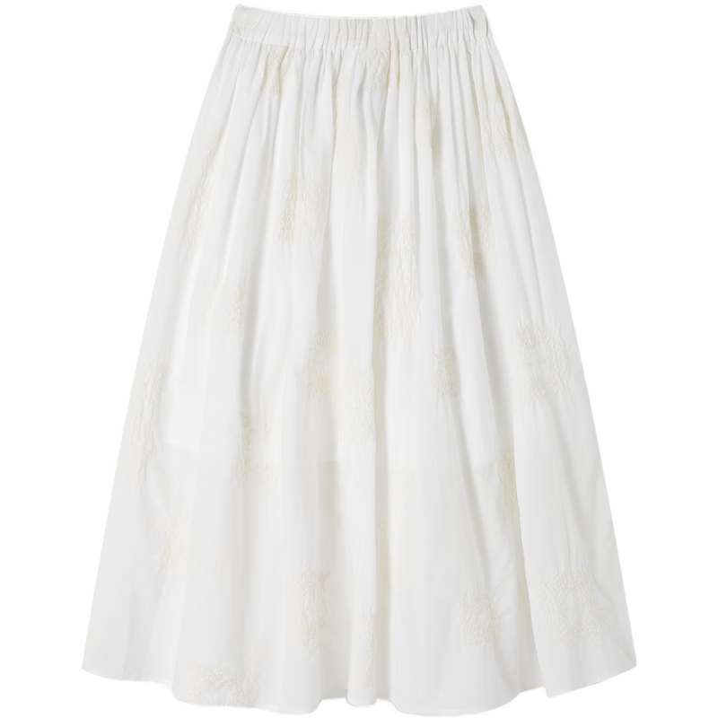 Demana Pure Cotton Poetry Summer Vintage Color-Block Embroidered Elastic Waist Slimming Mid-Length Skirt for Women