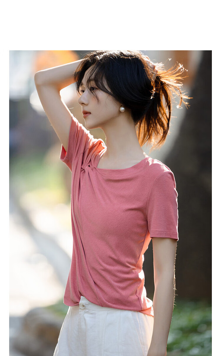 Demana [With Wool and Lyocell] Summer Stylish Twist Slim Fit High Elasticity Short Sleeve Slimming T-Shirt for Women Premium Quality 11