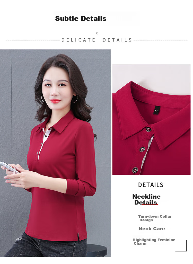 Woodpecker Women's Long Sleeve Cotton Polo Shirt, Spring Autumn New, Middle-aged Plus Size Casual Top, Gray, L 2