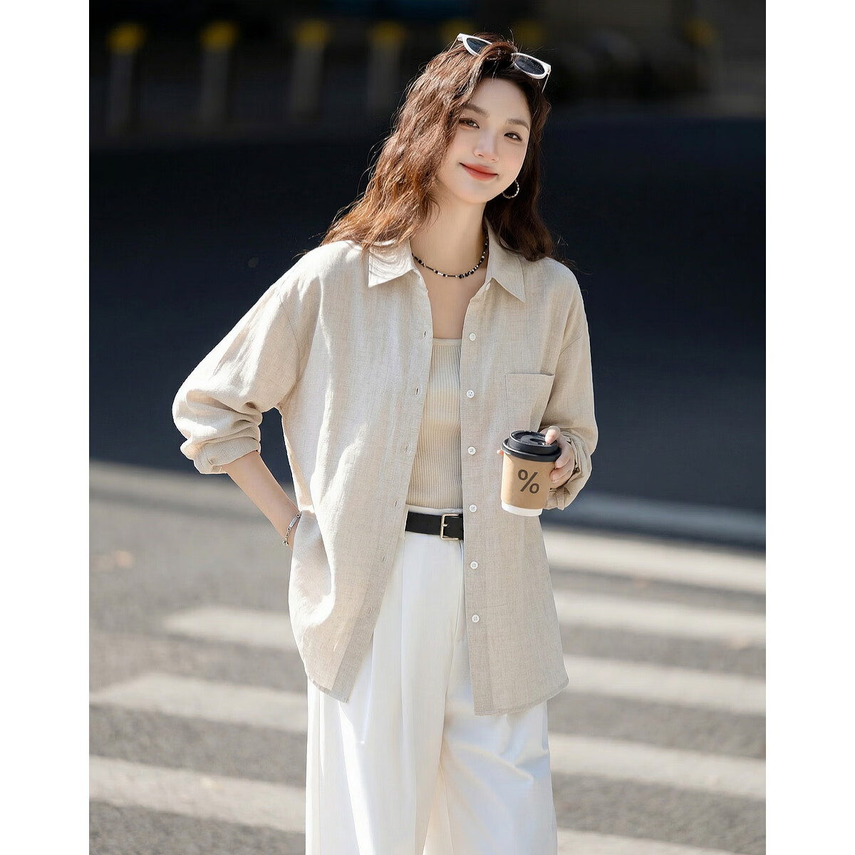 Demana [with Linen Lyocell] Spring Simple Lapel Large Pocket Loose Slimming Concealing Shirt for Women High-End Feel